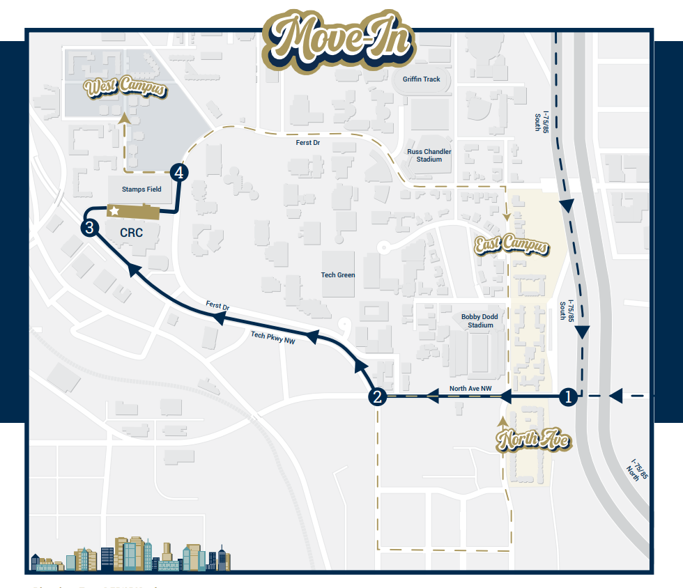 Map for residents to navigate through check-in for move-in and to East and West Campus for their unloading areas. 